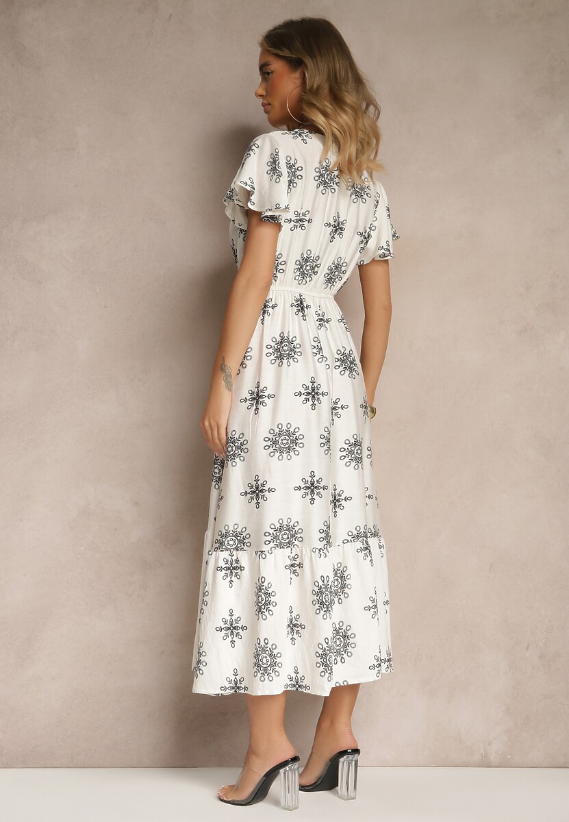 Biało-Czarna Sukienka z Wiskozy Ozdobiona Falbanką i Kwiatami Lumacelle