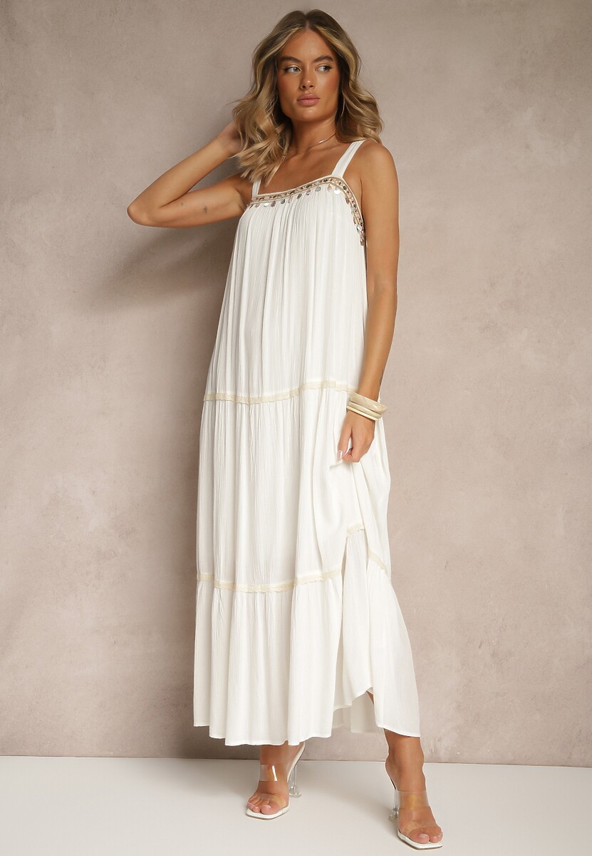 Biała Rozkloszowana Sukienka z Wiskozy z Metalicznymi Aplikacjami Sevinda