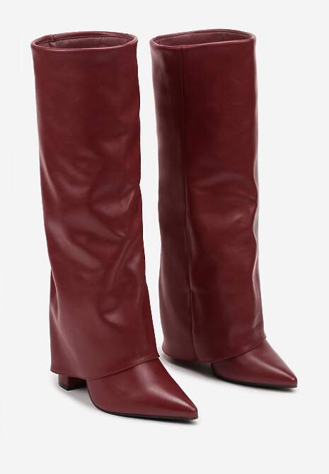 Bordowe Kozaki na Słupku Ozdobione Wywiniętą Cholewką Heslia