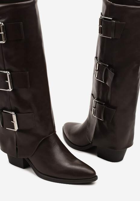 Brązowe Kozaki na Słupku Kowbojki Ozdobione Metaliczną Aplikacją i Wywiniętą Cholewką Latareia