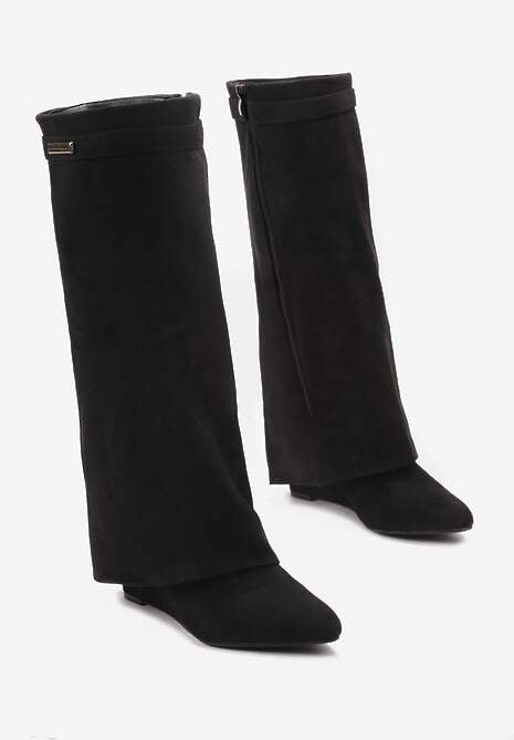 Czarne Kozaki z Wywiniętą Cholewką na Koturnie Turade