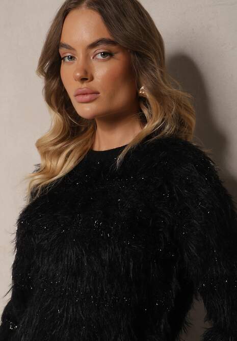 Czarny Sweter z Wełną Ozdobiony Ściągaczami i Długim Włosiem Sialora