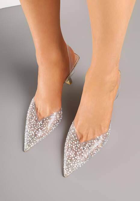 Złote Sandały Vices na Szpilce Slingback ze Skórzaną Wkładką i Cyrkoniami Ovifa