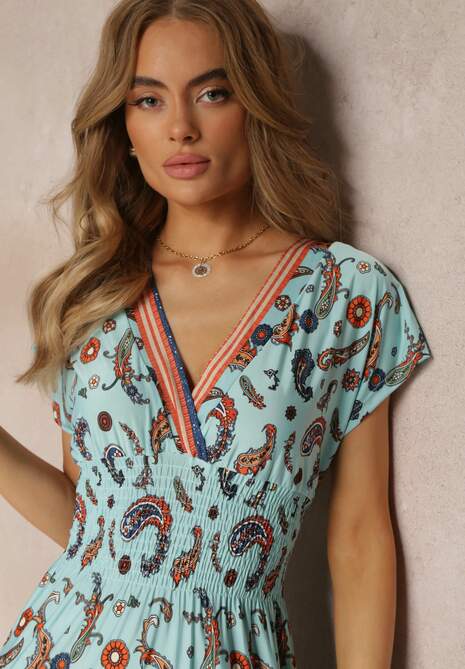 Jasnoniebieska Rozkloszowana Sukienka Maxi z Printem Paisley z Gumką w Pasie Zoenia