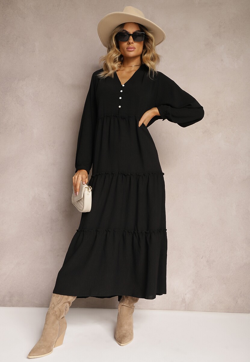Czarna Rozkloszowana Sukienka Maxi z Falbankami i Kołnierzykiem Rehtima