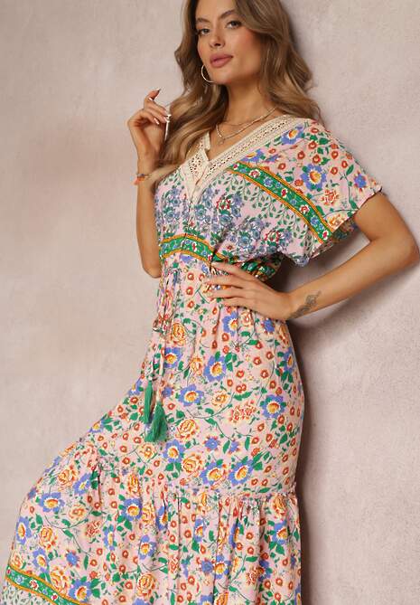 Różowo-Niebieska Sukienka Maxi ze Sznurkiem w Talii i Koronkową Wstawką przy Dekolcie Mererid