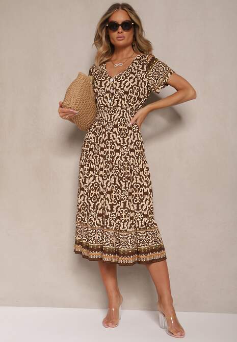 Brązowa Sukienka z Bawełny Ozdobiona Ornamentnym Motywem Fillena