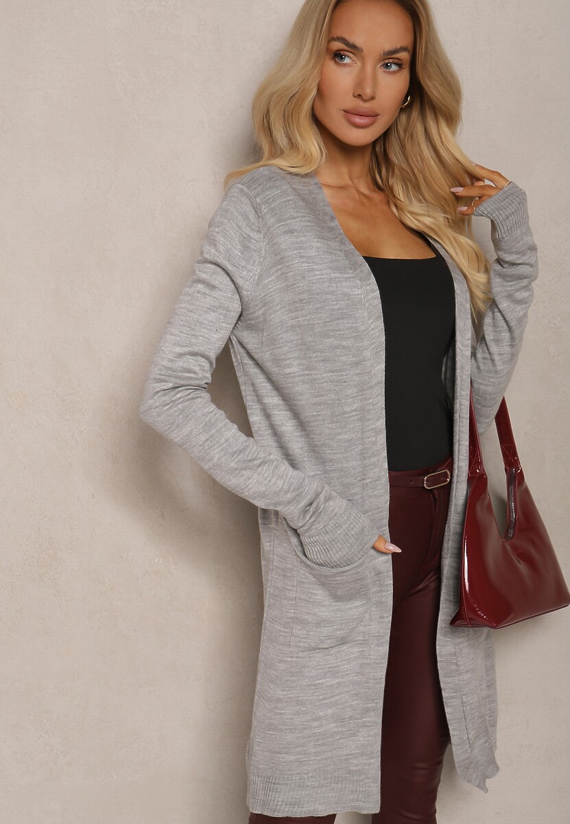 Szary Kardigan Bez Zapięć o Prostym Kroju ze Wsuwanymi Kieszonkami Torinia