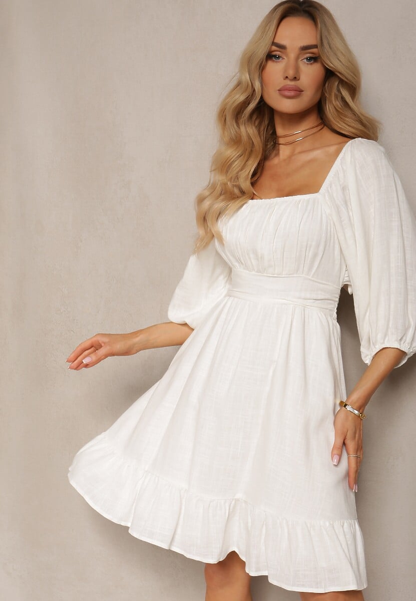 Beżowa Sukienka z Lnem i Wiskozą Wykończona Podszewką Falbanką i Gumką w Talii Alzemia