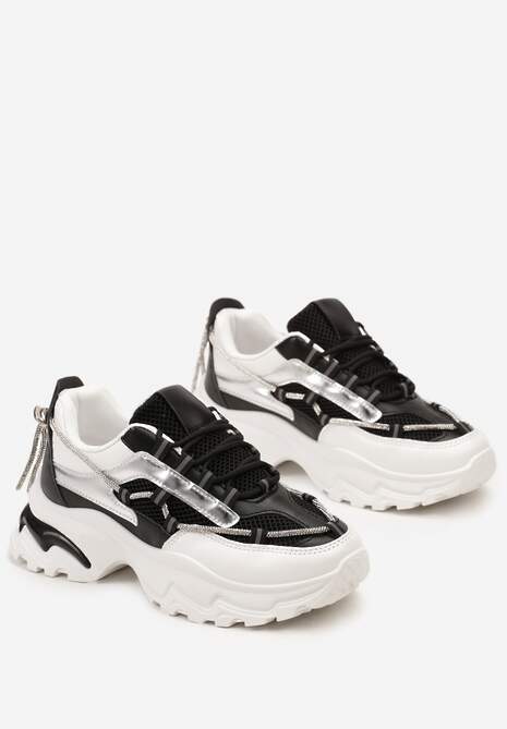 Czarno-Białe Sneakersy z Metalicznymi Wstawkami na Niskiej Platformie z Ozdobnym Sznurkiem Oiriema