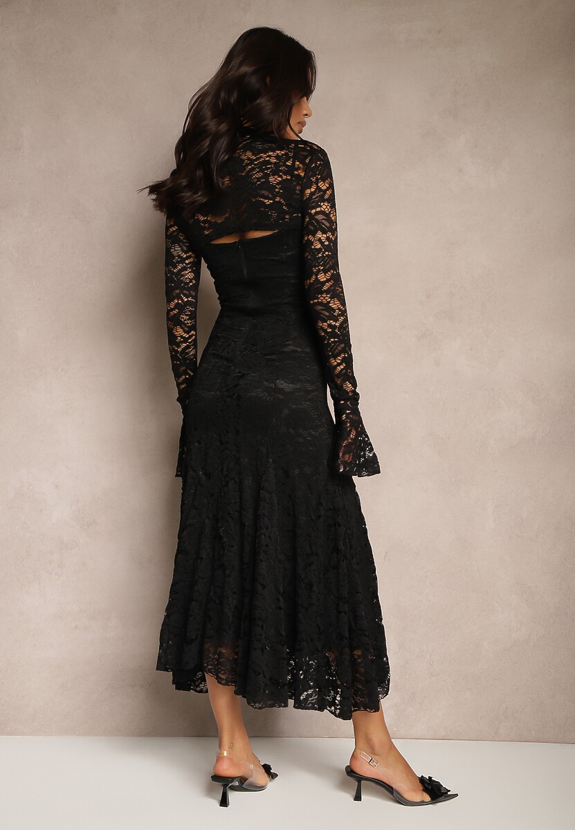 Czarna Rozkloszowana Sukienka z Koronki z Dodatkowym Bolerkiem Gonavora