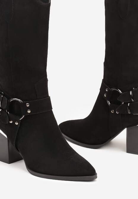 Czarne Kozaki Kowbojki w Stylu Bikerów na Słupku Ansabelle