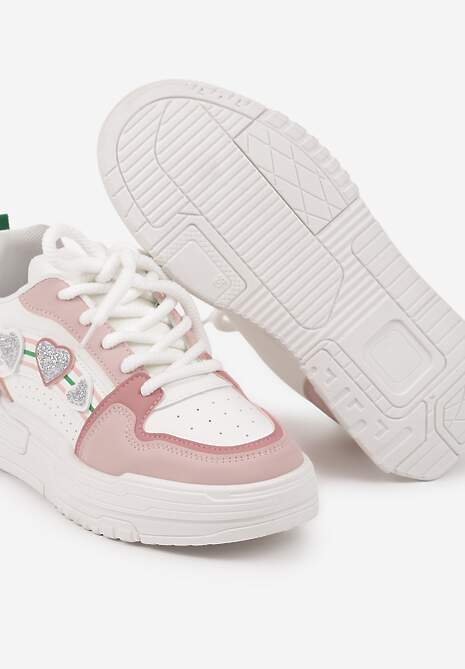 Biało-Różowe Sneakersy z Błyszczącymi Serduszkami Iriene