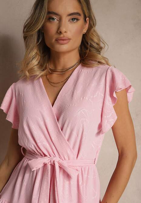 Różowa Rozkloszowana Sukienka z Paskiem i Falbanami Lilarea