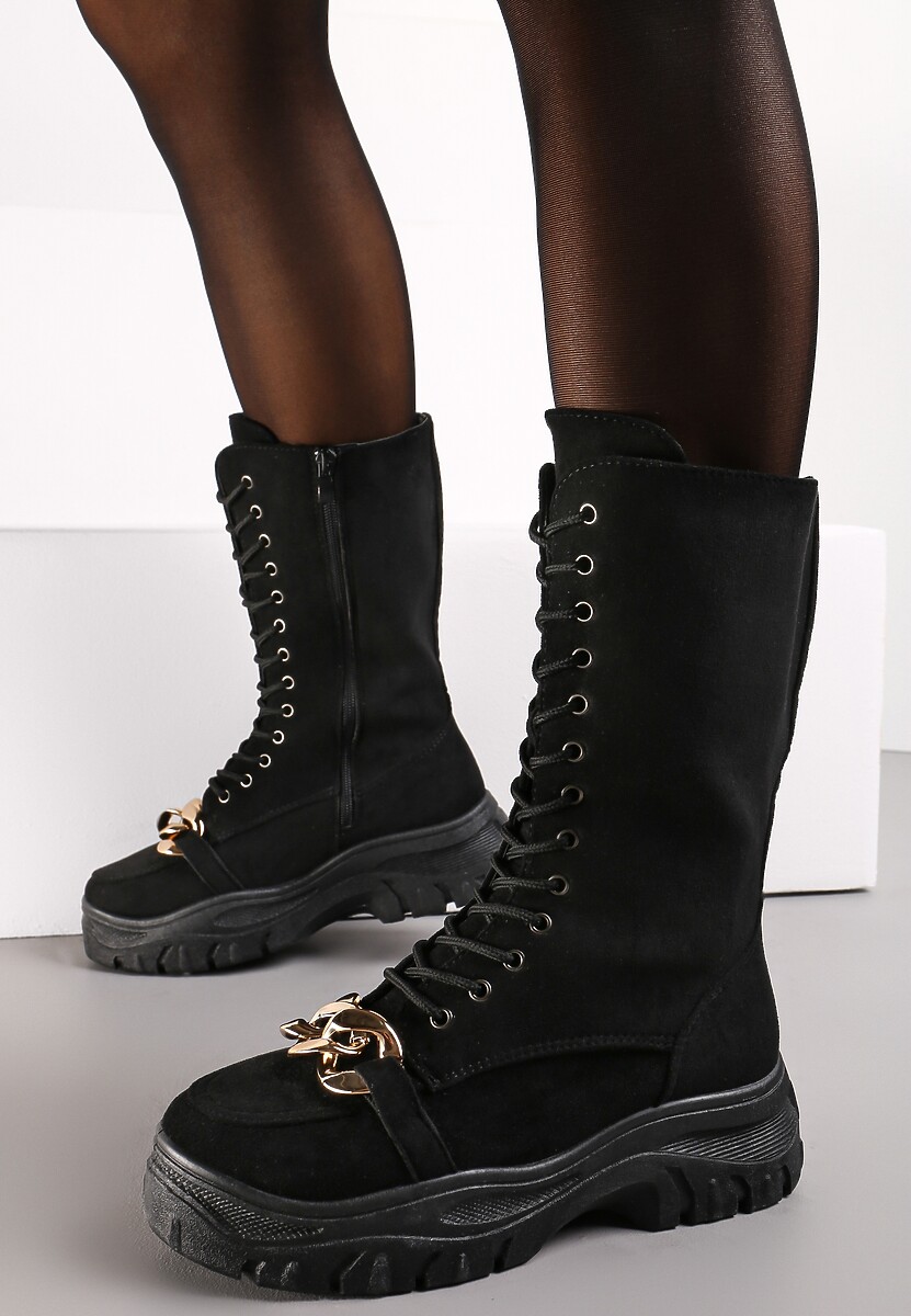 Czarne Sznurowane Botki na Platformie z Ozdobnym Łańcuchem Duova