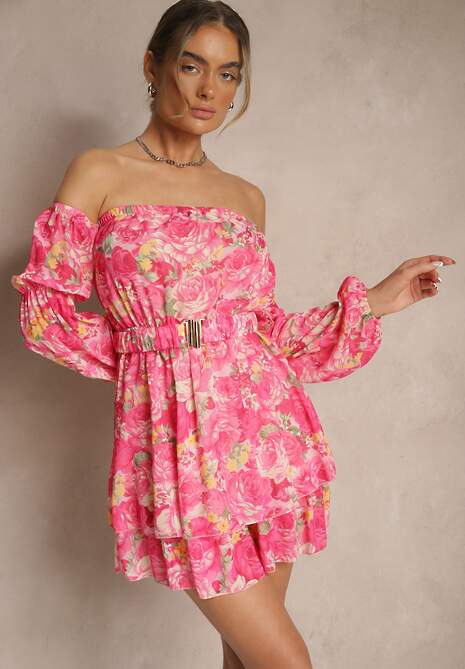 Fuksjowa Sukienka Hiszpanka z Wiskozy w Kwiaty z Paskiem i Falbanami Zelmoi