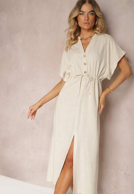 Beżowa Sukienka z Bawełny z Górą o Koszulowym Kroju Ściągana w Pasie Viklia