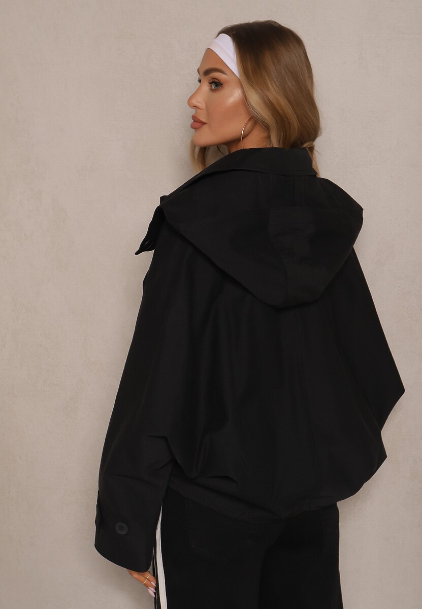 Czarna Bawełniana Kurtka z Kapturem o Fasonie Oversize z Kołnierzykiem Amillora