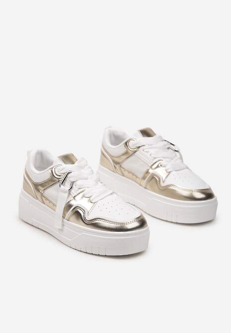 Biało-Złote Sneakersy na Niskiej Platformie z Zawieszką i Ozdobnymi Sznurówkami Salam