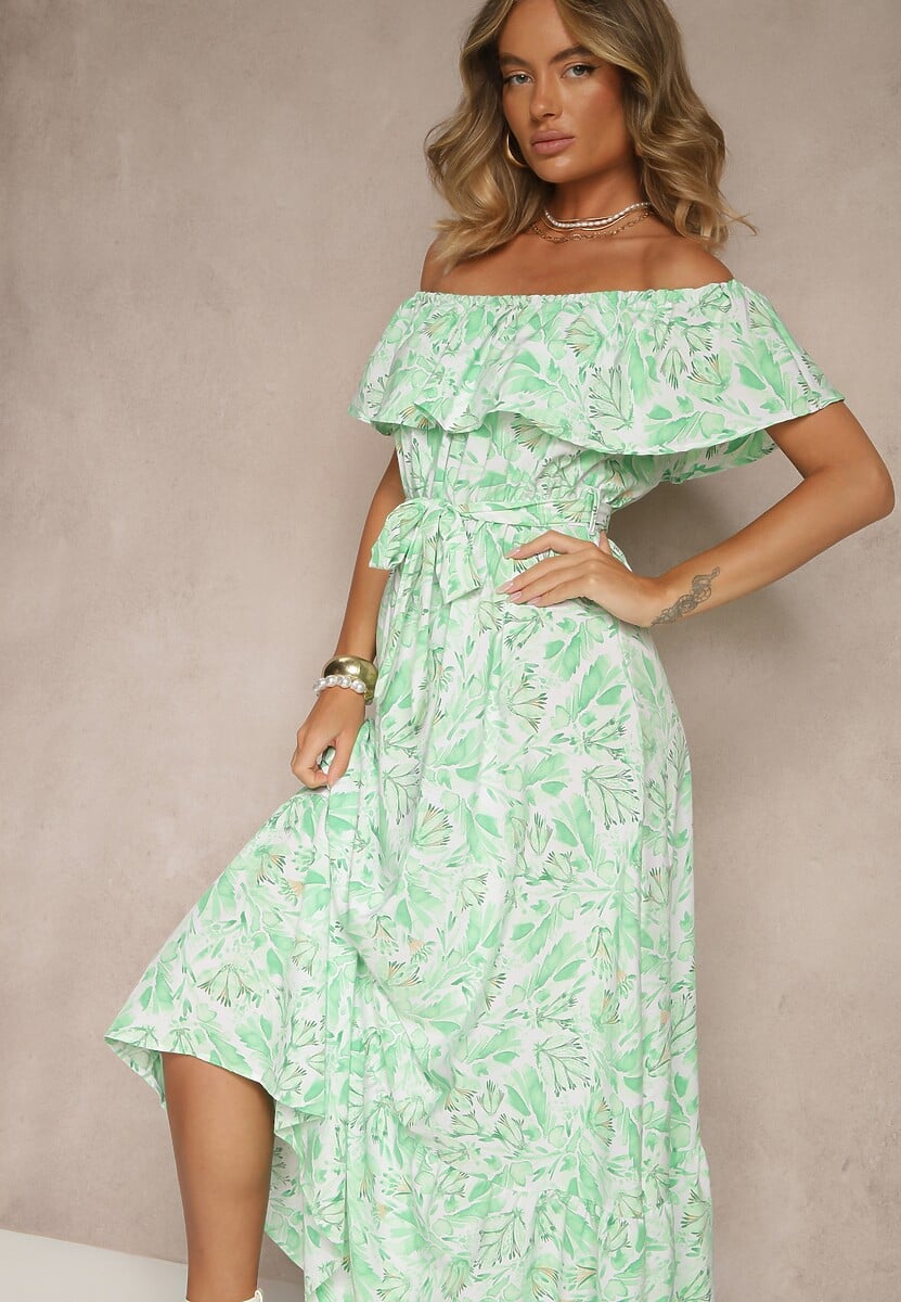 Zielona Kwiatowa Sukienka Typu Hiszpanka z Bawełną Tiarice