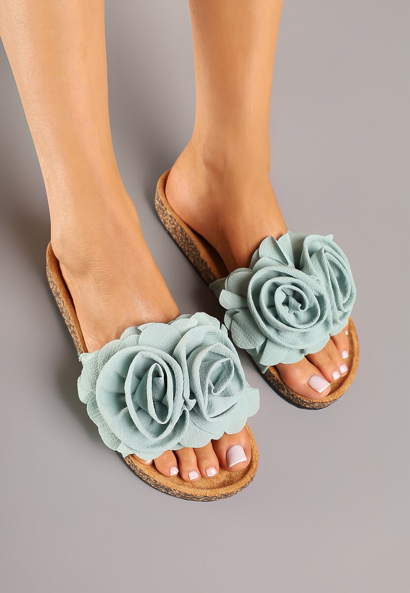 Jasnozielone Klapki na Platformie z Korka Ozdobione Kwiatami 3D Meralira
