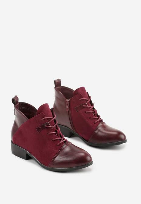Bordowe Botki Vices ze Sznurowaną Cholewką i Wstawkami z Imitacji Zamszu Atavitte