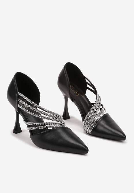 Czarne Szpilki w Eleganckim Stylu Ozdobione Paskami z Cyrkonii Ettaisa