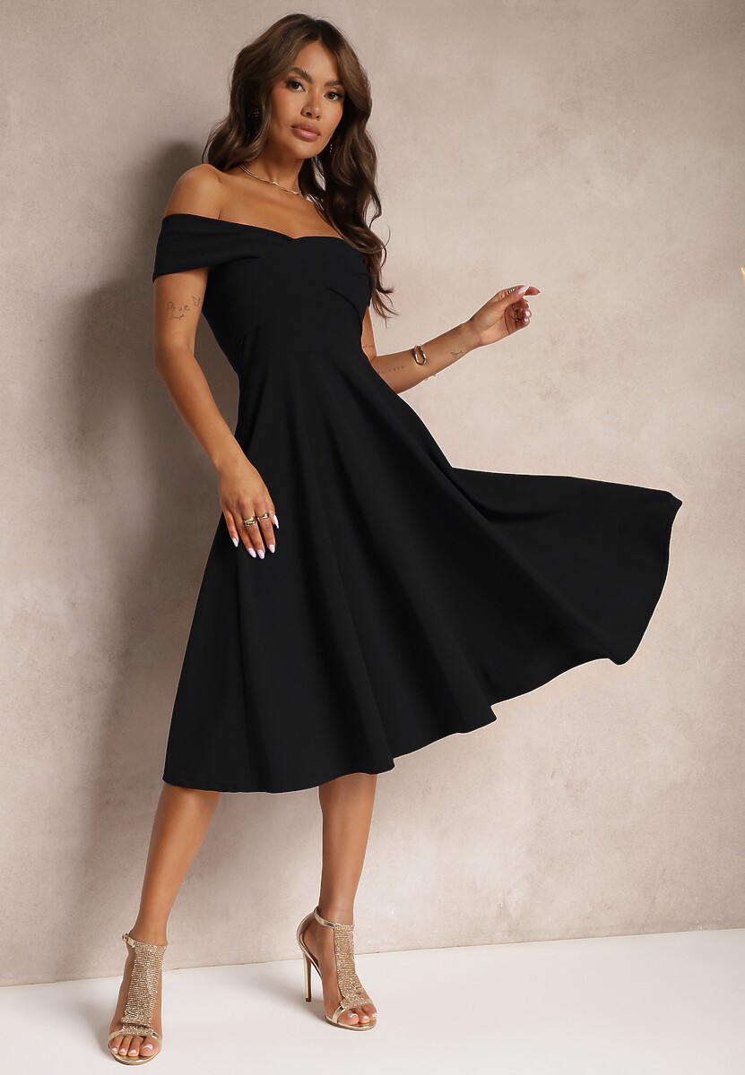 Niebieska Sukienka z Hiszpańskim Dekoltem o Rozkloszowanym Kroju Pelorea