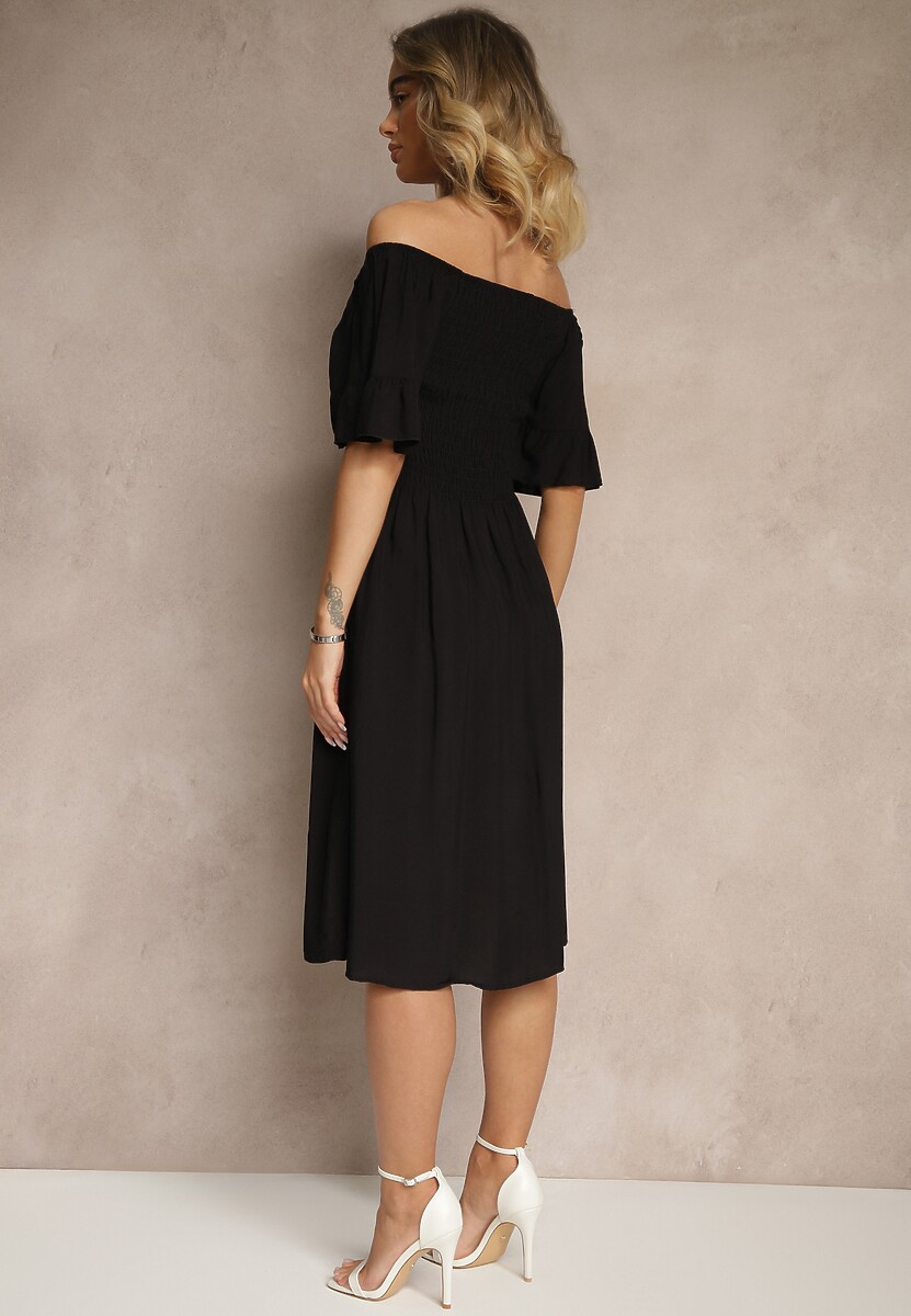 Czarna Sukienka Rozkloszowana z Bawełny z Bufkami w Ramionach i Gumkami w Biuście Norlio