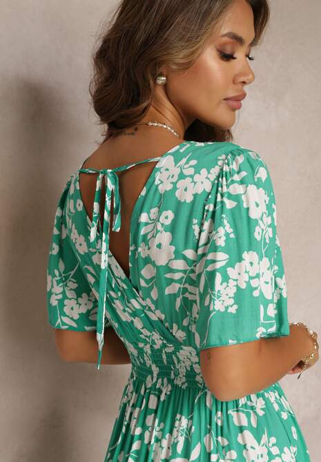 Zielona Kopertowa Sukienka Maxi z Gumką w Pasie i Wiązaniem na Plecach Dangela