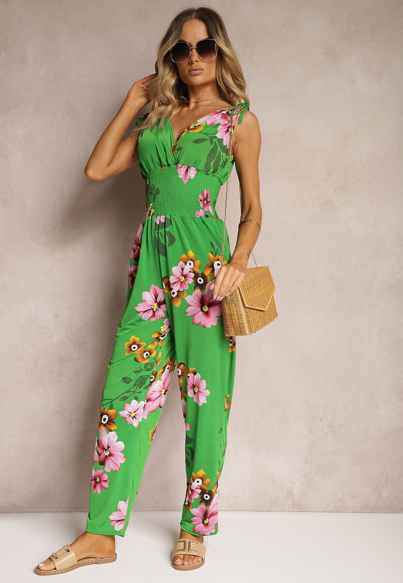 Jasnoróżowy Kombinezon z Ściągaczami na Ramionach w Kwiatowy Wzór Almora