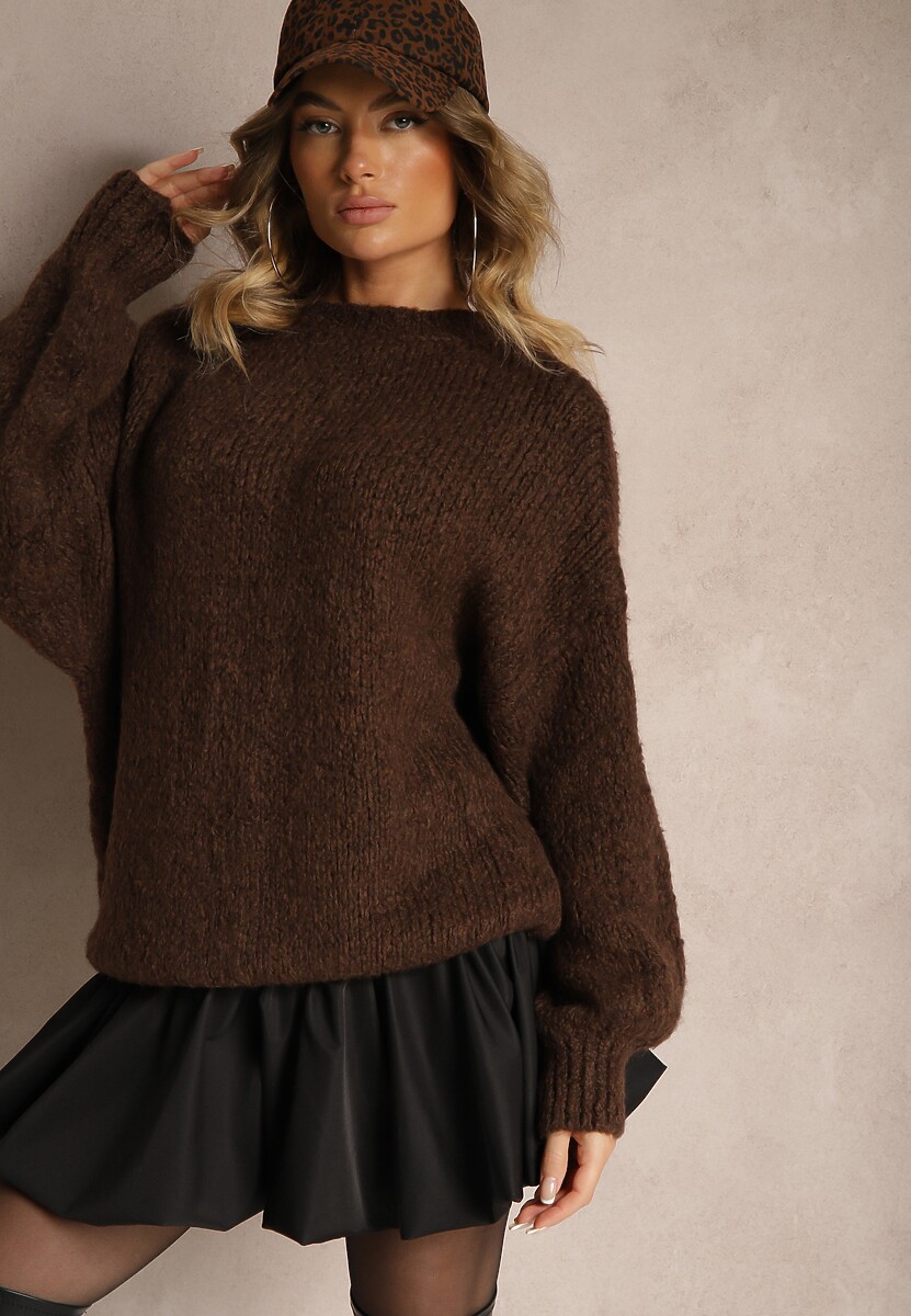 Brązowy Klasyczny Sweter z Wełną i Wiskozą o Luźnym Kroju Omethea