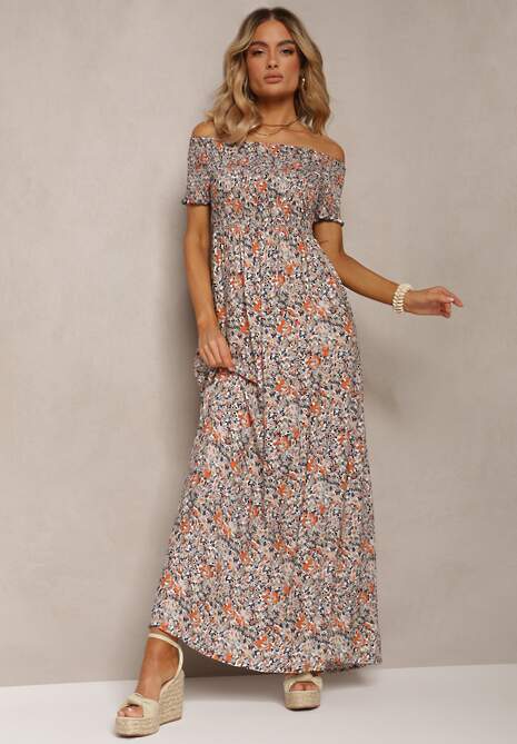 Granatowo-Pomarańczowa Długa Sukienka Bawełniana Hiszpanka w Kwiatowy Wzór Nrosa
