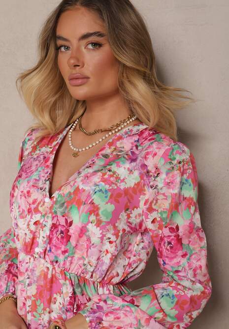 Różowa Sukienka w Kwiatowy Print o Rozkloszowanym Kroju z Dekoltem w Serek Janellia