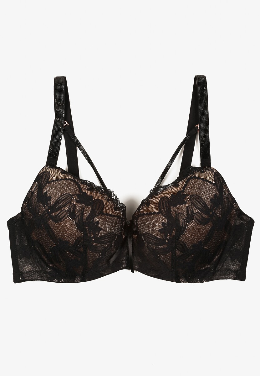 Czarno-Beżowy Biustonosz z Dodatkowymi Paskami Zdobiony Koronką i Cyrkoniami Ollimi