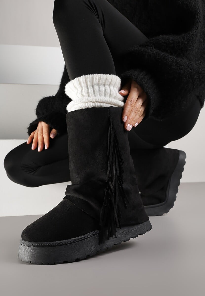 Jasnobrązowe Botki Śniegowce z Wywiniętą Cholewką Zdobioną Frędzlami Sewela