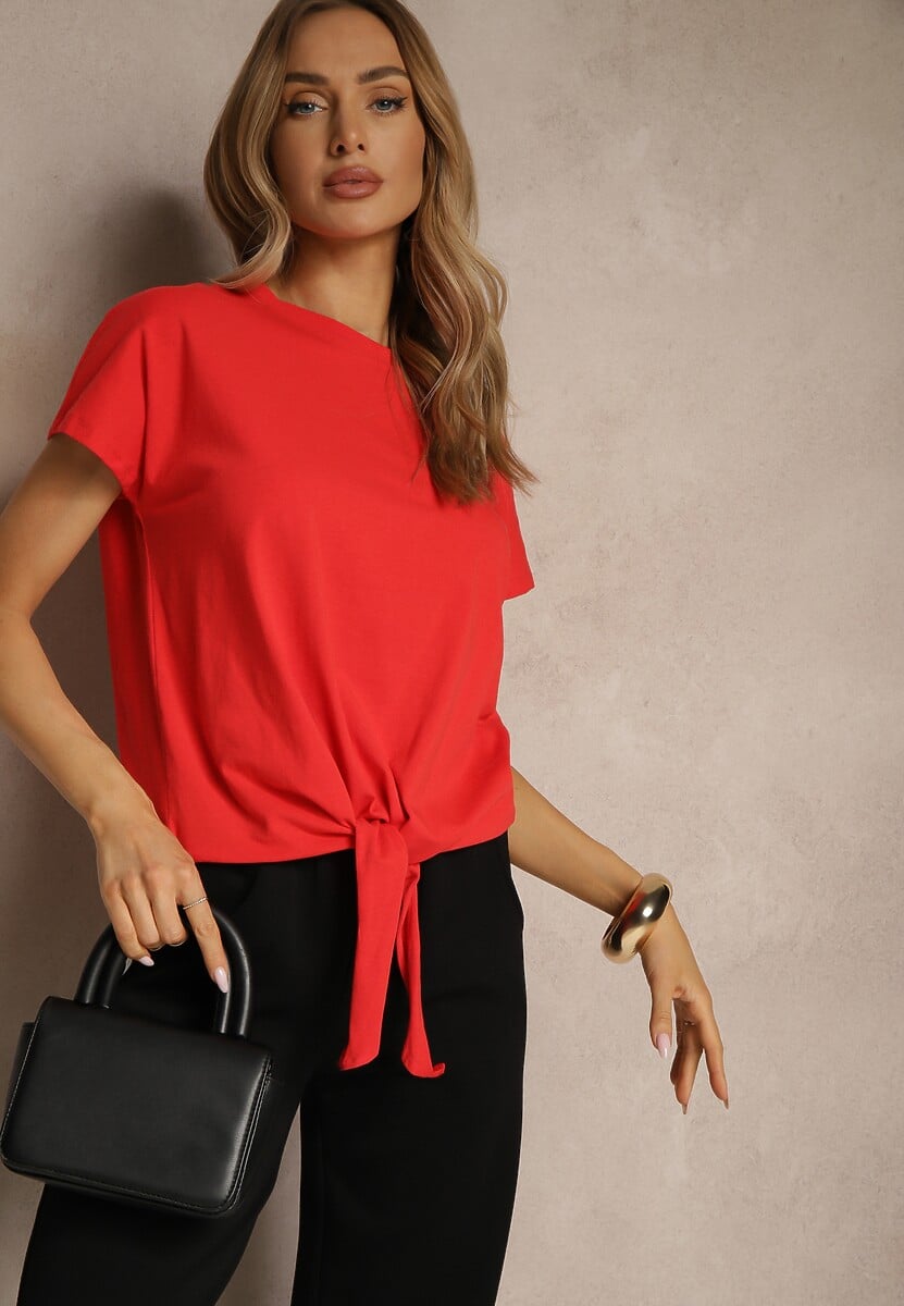 Czerwony Bawełniany T-shirt Wiązany u Dołu Sunalina