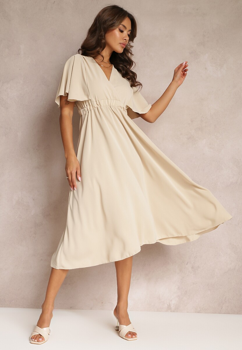 Beżowa Sukienka z Gumką w Talii Krótkim Rękawem i Kopertowym Dekoltem Kelila