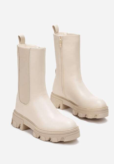 Beżowe Botki Sztyblety w Stylu Chunky z Łańcuchem Retrona