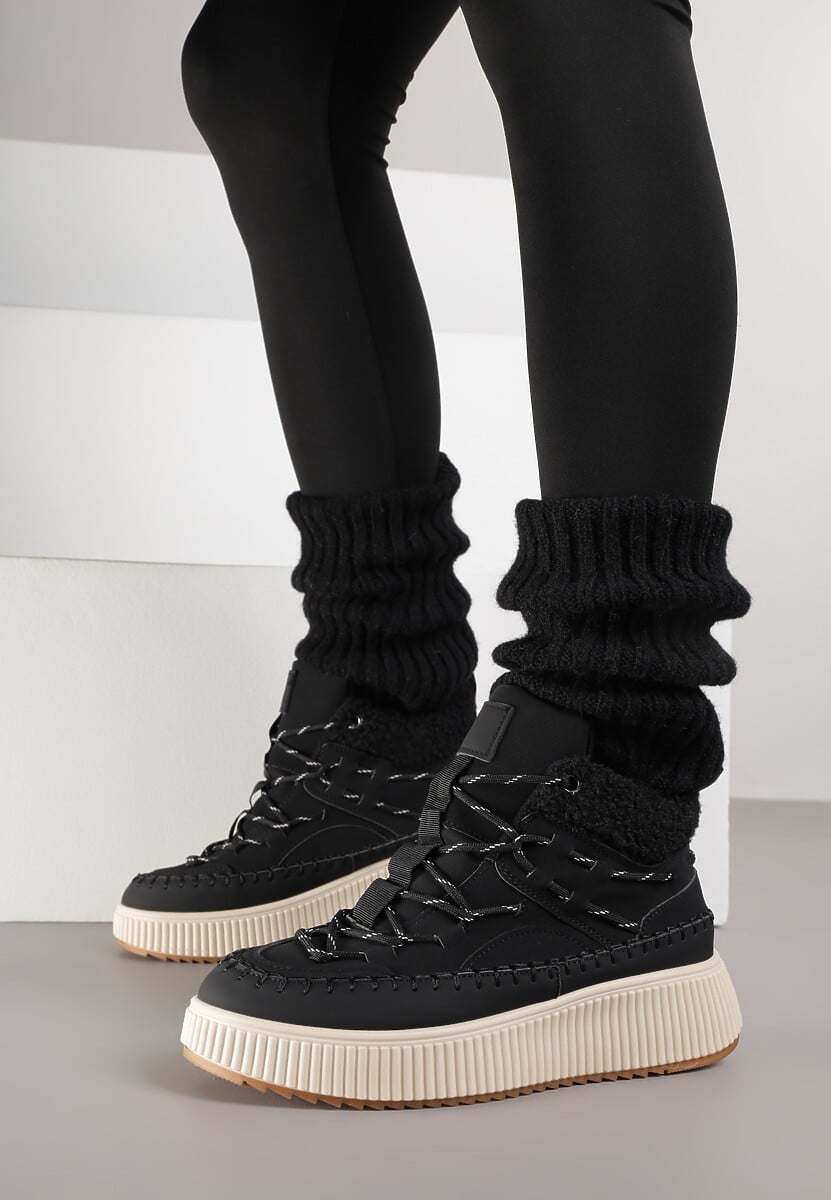 Czarne Śniegowce Traperki Vices z Futerkiem Typu Baranek i Platformą Terivelle