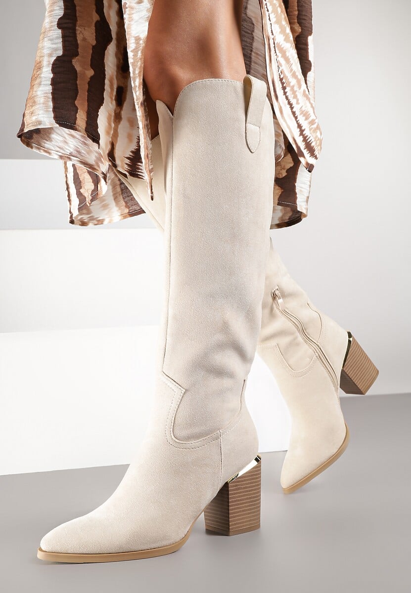 Beżowe Kozaki Vices na Słupku Ozdobione Metaliczną Wstawką Moriane