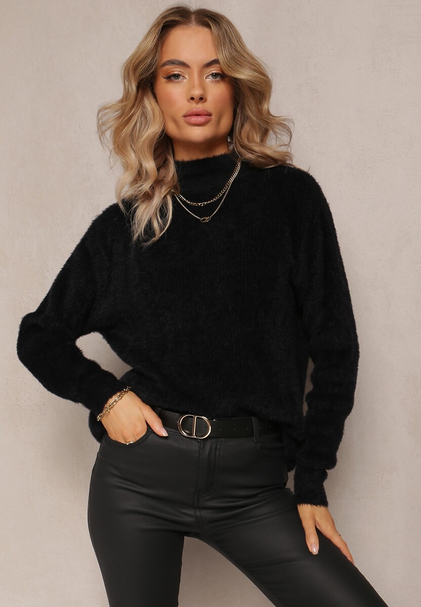 Czarny Puchaty Golf z Długim Rękawem i Ściągaczami Caelina