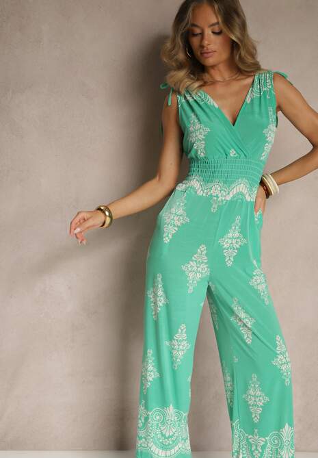Zielony Kombinezon z Dekoltem w Kształcie Litery V Zdobiony Etnicznym Printem Izlina