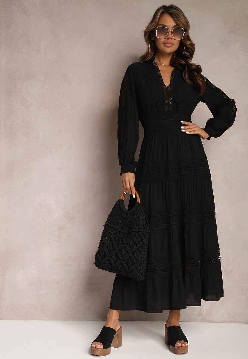 Czarna Sukienka Maxi z Ażurowymi Wstawkami i Trójkątnym Dekoltem Fanuelis