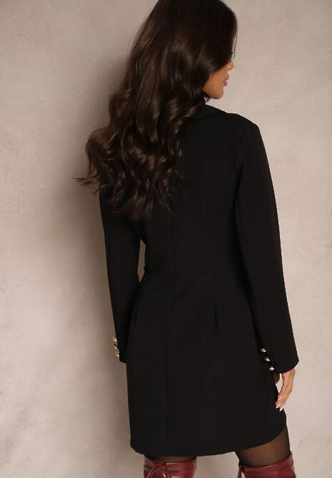 Czarna Sukienka z Wiskozą i Kopertowym Dekoltem z Ozdobnymi Guzikami Ellanaris