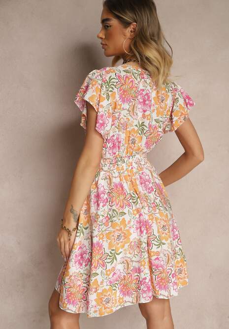 Pomarańczowa Kwiatowa Kopertowa Sukienka z Bawełny Ulosiana