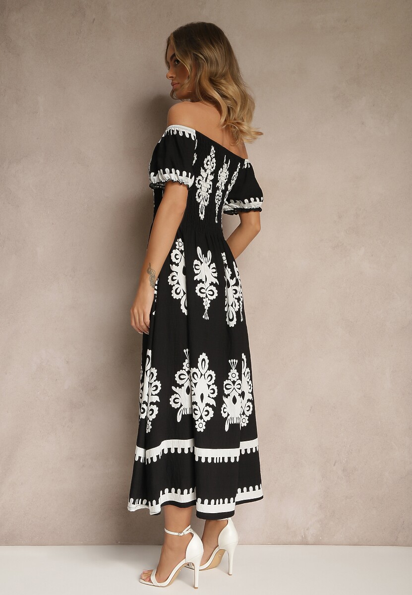 Czarna Sukienka Hiszpanka Ozdobiona Etnicznym Printem Aralette