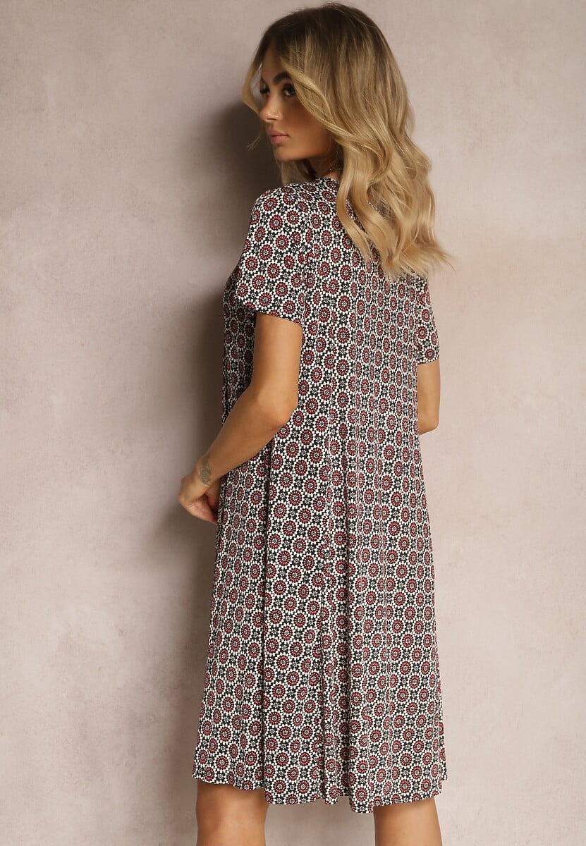 Czarno-Bordowa Rozkloszowana Sukienka w Ornamentalny Wzór z Wiskozy Oflia