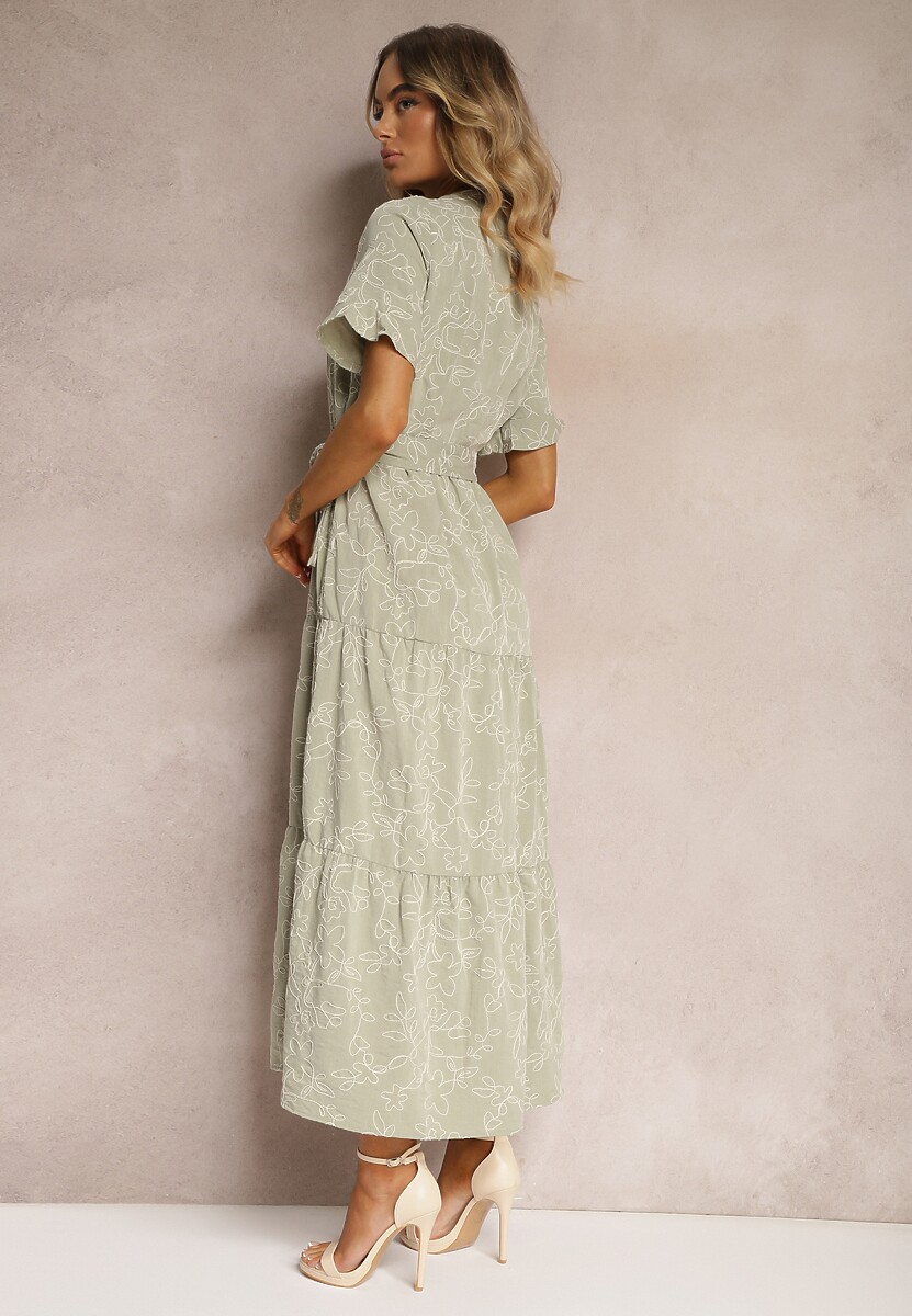 Zielona Sukienka o Rozkloszowanym Fasonie z Paskiem i Wiskozą Risarissa