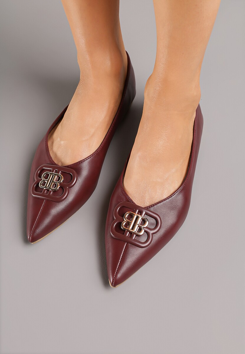 Bordowe Balerinki ze Szpiczastym Noskiem Zdobione Aplikacją Nalamira